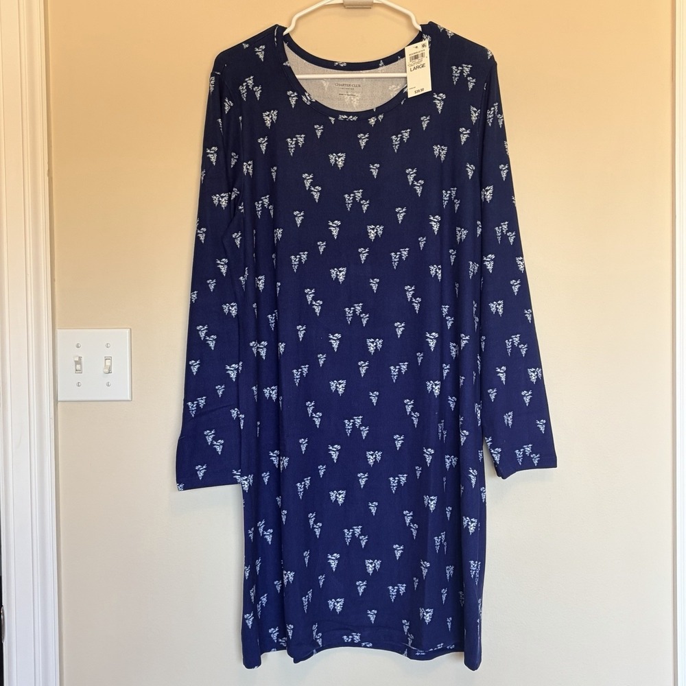 Charter Club Navy Blue Forest Stroll Christmas Tree Knit Nightgown Small NEW NWT